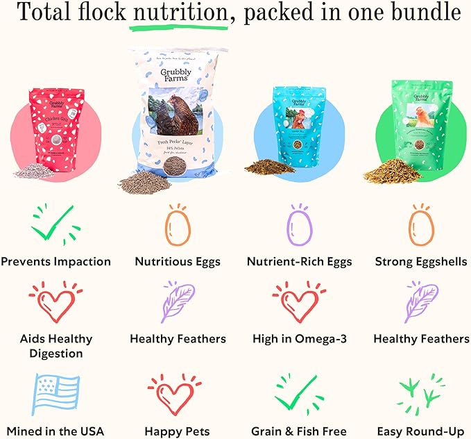 Grubbly Farms Adult Chicken Bundle - Chicken Grit, Fresh Pecks Layer Feed Pellets, Omega Mix & Grubblies - Complete Nutrition, Proper Digestion, Strong Eggshells & Natural Protein Treats