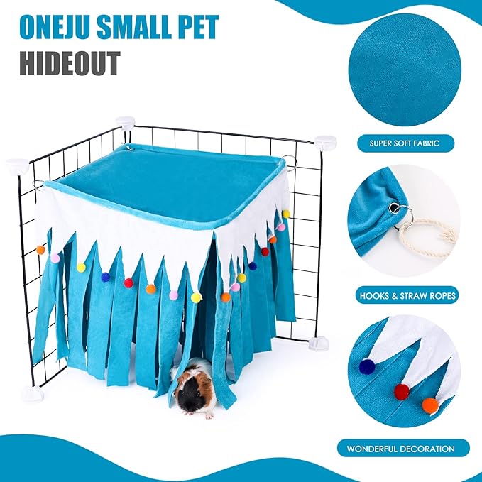 Guinea Pig Hideout - Guinea Pig Corner Hideout, Four-Sided Fringes, Square Top and Washable Hides, Ideal Hides for Small Pets, No Metal Fences, Blue
