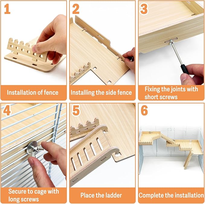 Fhiny 2-Tier Hanging Gerbil Climbing Platform with Ladder & Fence, Wooden Platform for Cage, Hamster Activity Playground Habitat Decor, Cage Accessories for Dwarf Hamster Gerbil Mice Rat Mouse