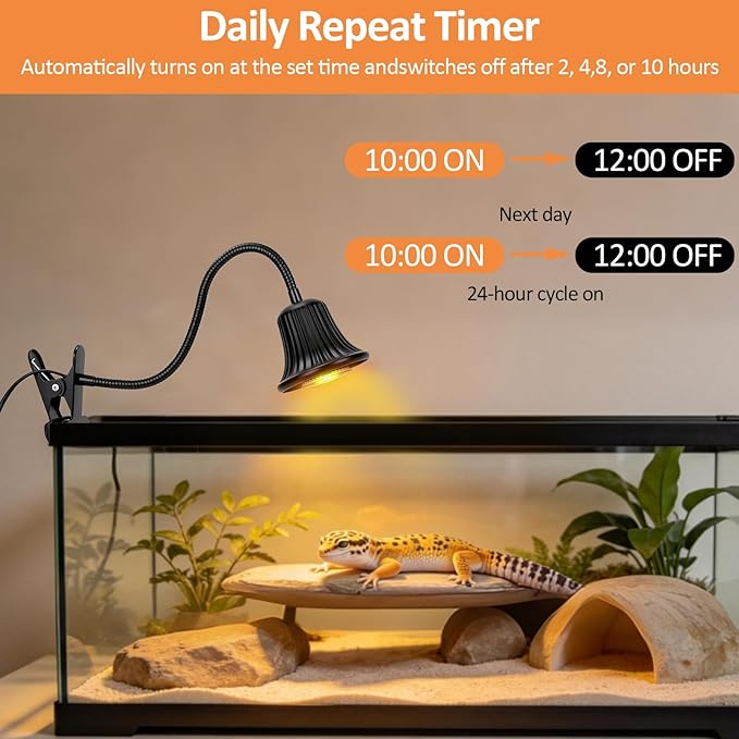 Reptile Heat Lamp, Heating Lamp for Reptiles with UVA UVB, 2H,4H, 8H, 10H Cycle Timing&Stepless Dimming Adjustment Basking Light for Turtle, Bearded Dragon, Lizard and More, 2 Bulbs 50W+75W