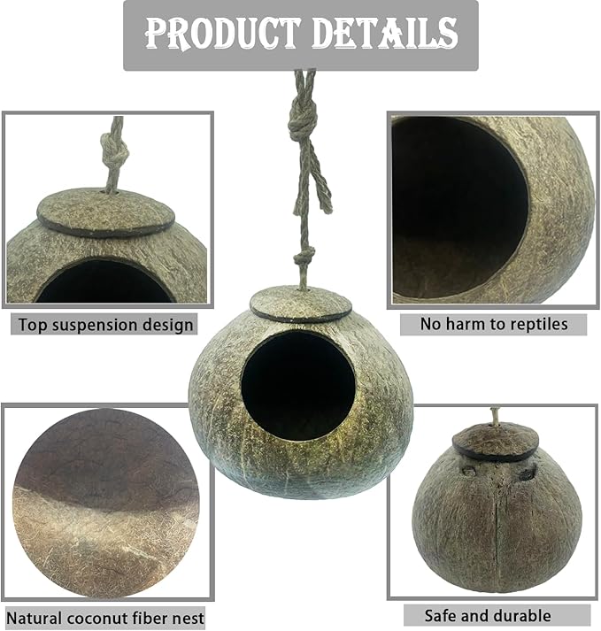kathson Gecko Coco Hut Lizard Coconut Hide Cave Natural Coconuts Husk Reptile Hanging Nest Habitat Decor Bearded Dragon Terrarium Accessories for Crested Gecko Chameleon Snake Spider (4 PCS)