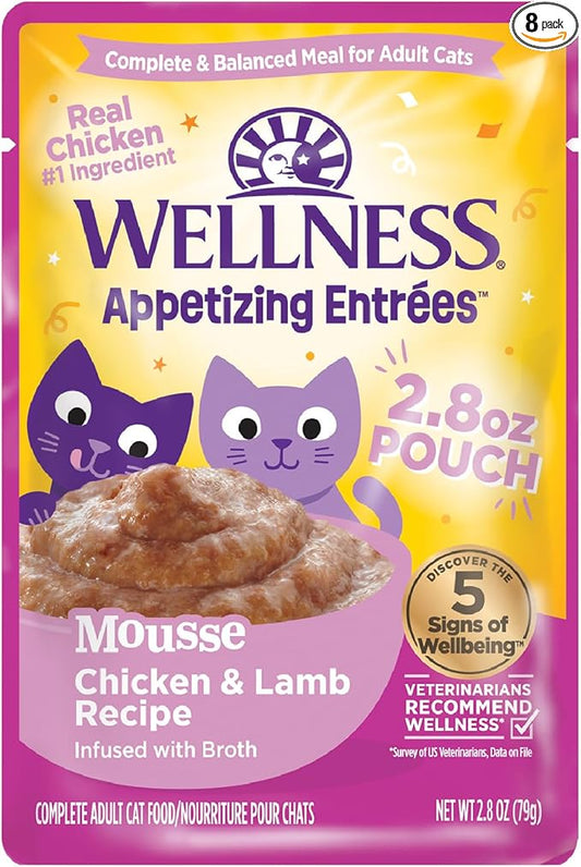 Wellness Appetizing Mousse Flaked Adult Wet Cat Food, Natural, Protein Rich, Grain Free, Chicken and Lamb Recipe, 2.8 oz, Pack of 8 Pouches