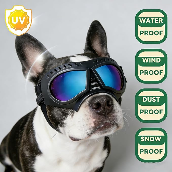Namsan Dog Goggles Small Breed, Wide Snout & Soft Frame, Tactical Driving Sunglasses for Dogs Small to Medium Breed, Anti-UV Dog Eye Protection, Windproof Dustproof, Adjustable, Blue Lens
