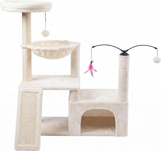 YUNIQUE Multi-Functional Cat Tree Tower, Big Cat Condo with Scratching Board, Rotating Toy & Deep Hammock, Luxury Perch Kitty Furniture for Indoor Cats (Beige)