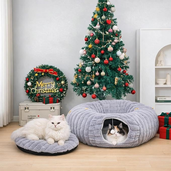 Cat Tunnel Bed, Peekaboo Hideaway Cave for Indoor Cats, Machine Washable Kitten Bed, Cat Donut, Dachshund Tunnel Bed for Small Dogs, Upgraded Striped Hare Feel Fabric (Grey)