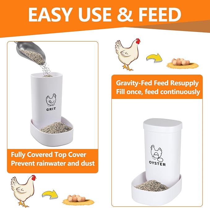 Chicken Oyster Shell Feeder and Grit Feeder with Lid, Automatic Chicken Feeder Coop Accessories Supplies Bottom with Drainage Holes Design for Healthier Hens & Eggs