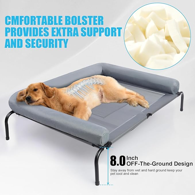 48'' Cooling Elevated Dog Bed with Pillow,Outdoor Indoor Raised Dogs Bed with Six Support Feet,Breathable Dog Cot Beds Teslin Medium Large Size Dogs,Dog Hammock Bed,Outside Pet Bed with 4 Ice Pack(L)
