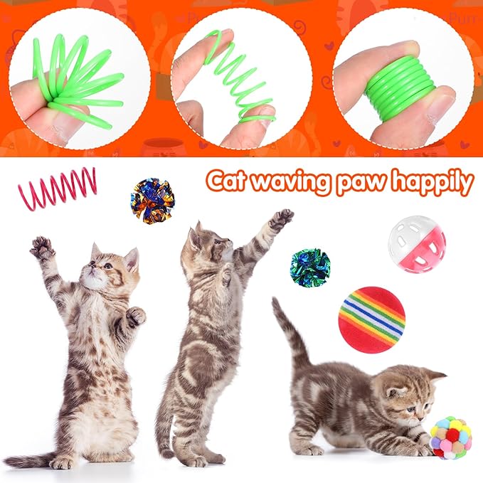 150 Pcs Cat Toys Bulk, Kitten Toys Assorted Cat Toy Variety Pack Cats Toy Bundle with Mice Rainbow Balls/Springs Crinkle Balls/Lattice/Sisal/Table Tennis/Plush/Caged Bell for Indoor Cats Kitty Kitten