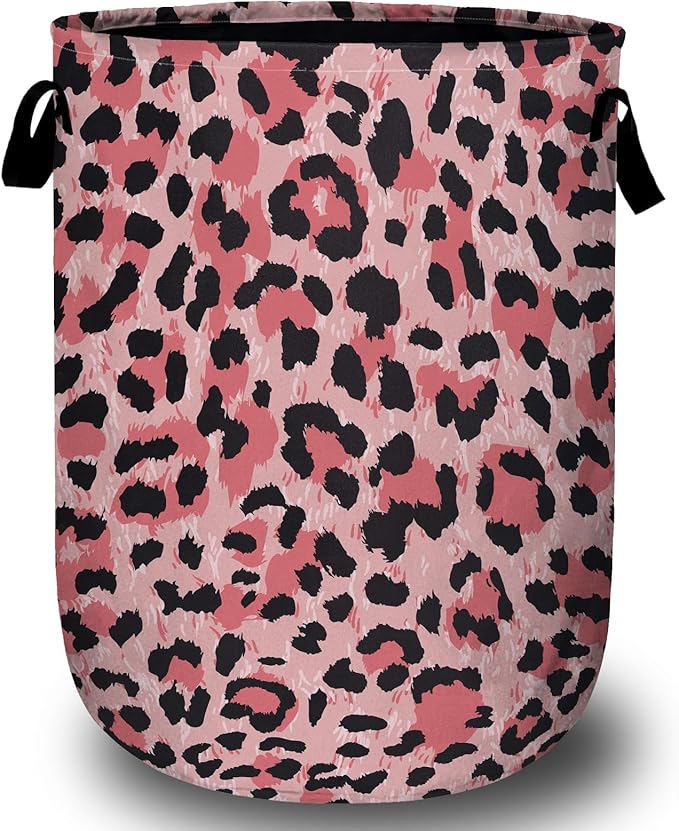 Pink Leopard Laundry Basket, Laundry Hamper Collapsible Oxford Cloth with Handle Clothes Storage Bin for Bathroom Laundry Room Bedroom 15.7 X 20 Inch