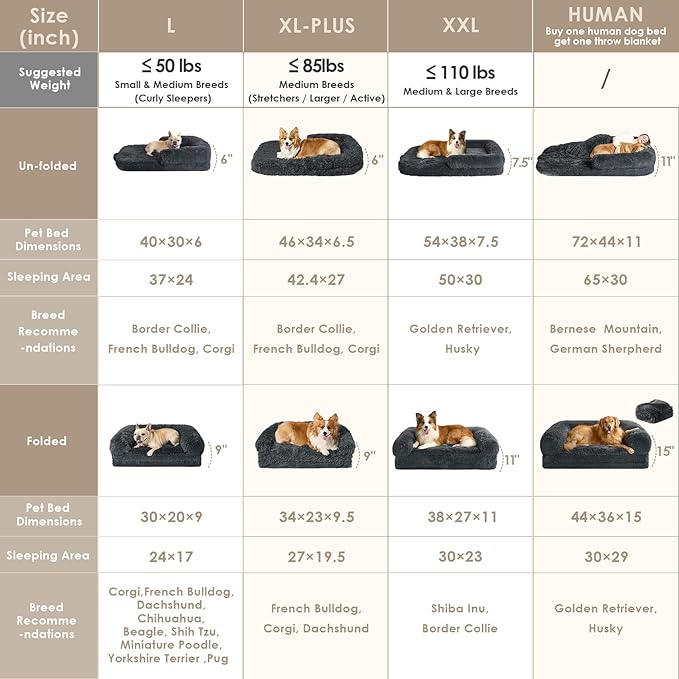 EHEYCIGA Foldable Human Dog Bed, 72"x44"x11" Orthopedic Memory Foam Human Sized Dog Bed, Waterproof Pet Bed for People, Faux Fur Pet Couch for Adult with Non-Slip Bottom, Dark Grey