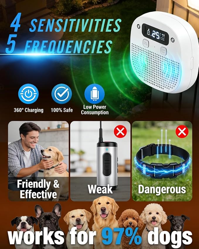 Dog Barking Control Devices, Anti Barking Device for Dogs with Remote Control, Ultrasonic & Sensor Technology, Rechargeable, Adjustable Modes & Frequencies, Bark Box Indoor Outdoor (Ivory)