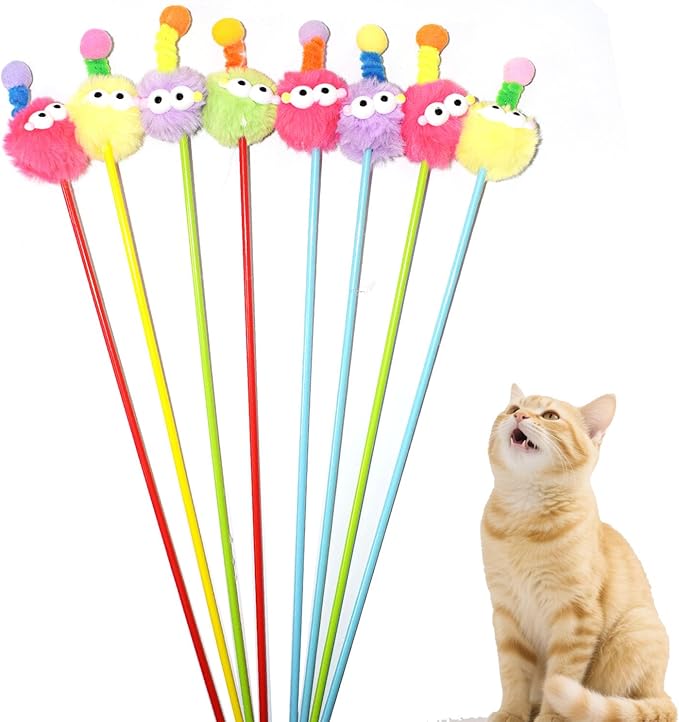 IUHKBH Cat Wands, 3 PCS Fluffy Ball Teaser Wands Interactive Kitten Toys Adorable Cat Toys No Noise Kitty Wand for Energetic Kittens