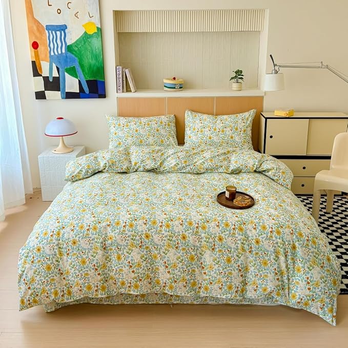BlueBlue Floral Duvet Cover Set Queen 100% Cotton Bedding for Kids Boys Girls Teens Yellow Daisy Green Leaf White Lamb Sheep Print 1 Garden Comforter Cover Full 2 Pillow Shams, Queen