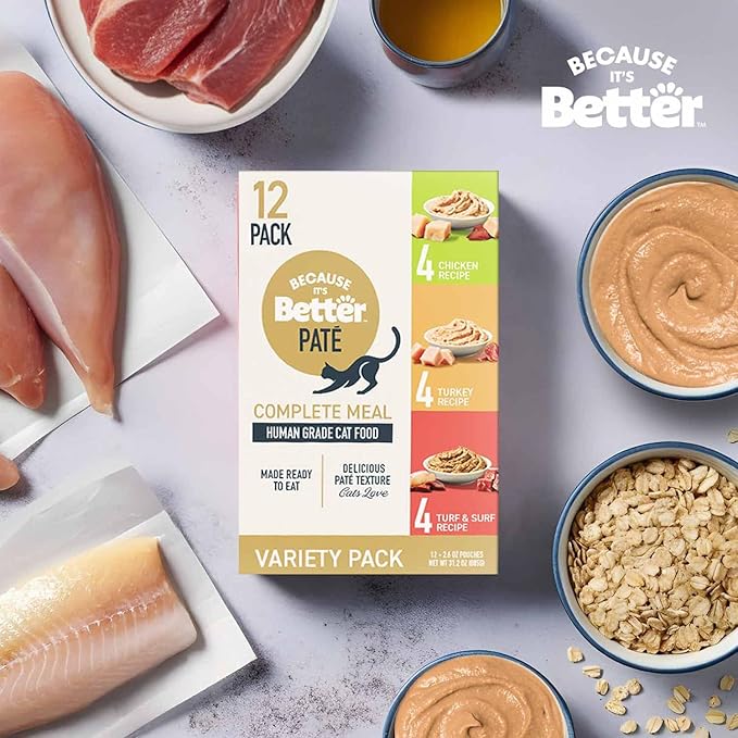 Because It’s Better Pate Complete Meal - Wet Cat Food - Variety Pack - Ocean, Turkey & Chicken Flavors - Organic, Balanced, Smooth Pate Texture, Human-Grade Ingredients, 2.6 oz Pouches (12 Count)