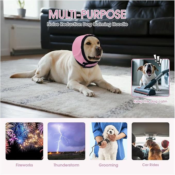 Dog Calming Hoodie Waterproof,No Shake Ear Wraps for Dogs,Ear Cover for Noise Protection Anxiety Relief,Swim Cap Bath Blow Drying Headband,for Fireworks Grooming Bathing,Vet Visit,Pink,M