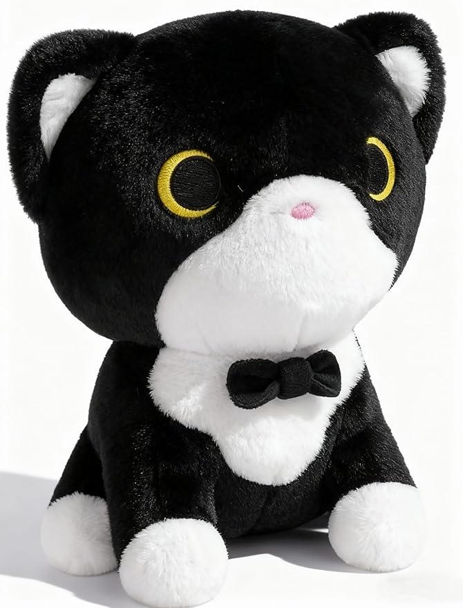 Tuxedo Cat Plush Toy, Black and White Cat Stuffed Animal with Bow Tie, Anime Plushies for Girls and Boys, Cute Soft Stuffed Cat Plushie Toys for Kids, Birthday Party