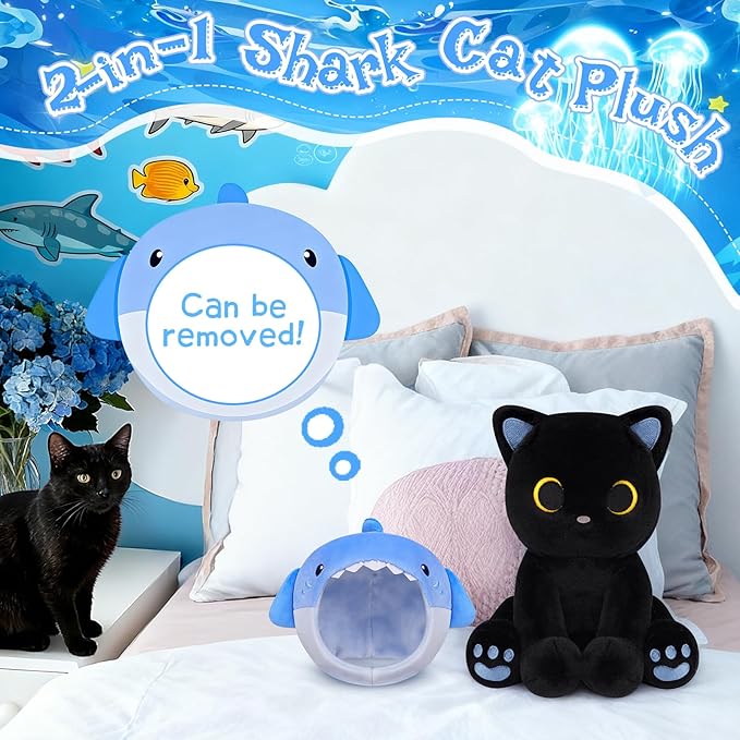 Shark Plush Stuffed Cat, 8inches Black Cat Plush with Blue Shark Hood Removable, Cute Plushies Kawaii Cat Stuffed Animal Doll Toy Valentines Day Gifts for Kids Boys Girl