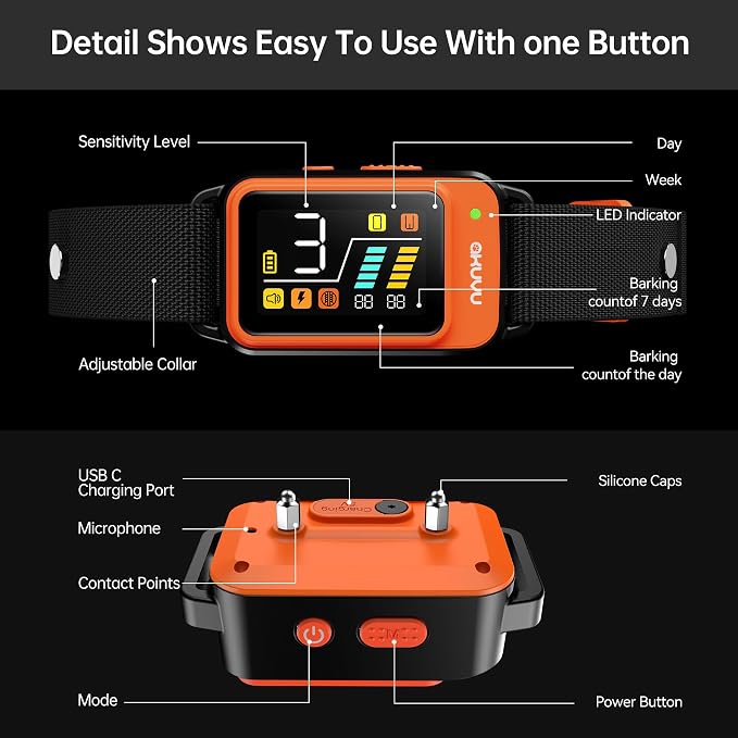 Dog Bark Collar-Rechargeable Smart Barking Collar- Anti Bark Training Collar with Adjustable Sensitivity Beep Vibration Shock- Bark Shock Collar for Small Large Medium Dogs