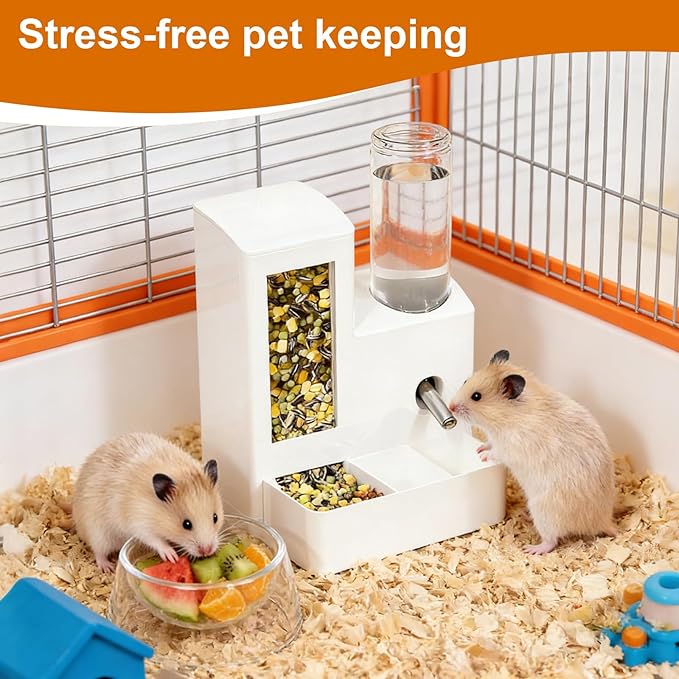 3-in-1 Hamster Feeder, Water Bottle & Food Bowl, 125ml Small Animal Water Dispenser for Hamsters, Mice, Rats, Gerbils - White