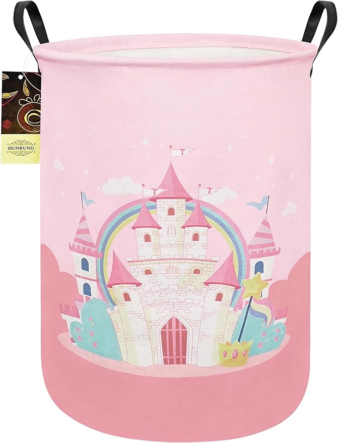 Laundry Hamper,Large Canvas Fabric Lightweight Storage Basket Toy Organizer Dirty Clothes Collapsible Waterproof for College Dorms(Pink Castle)