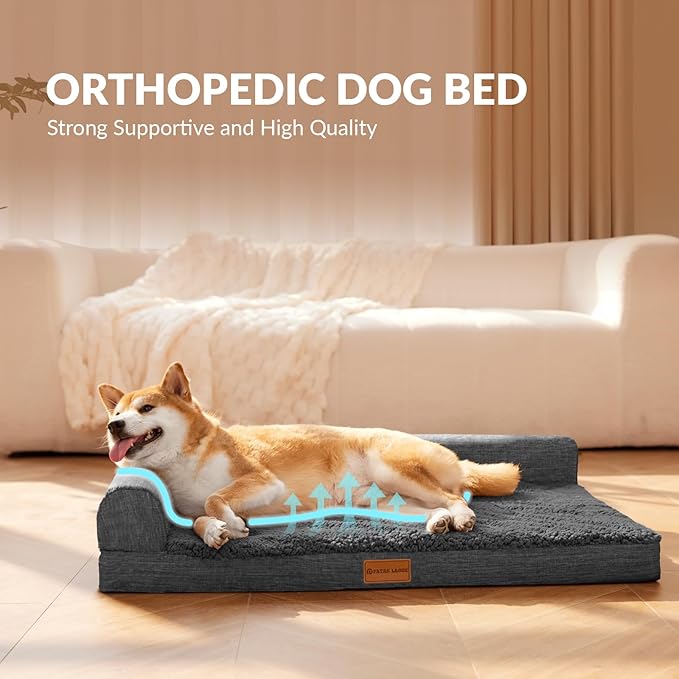 Patas Lague Orthopedic Jumbo Dog Bed for Extra Large Dogs 56''X40'', Waterproof L Bolster Jumbo Pet Sofa Beds with Removable Washable Cover, Soft Pet Couch Crate Mat with Nonskid Bottom, Dark Grey