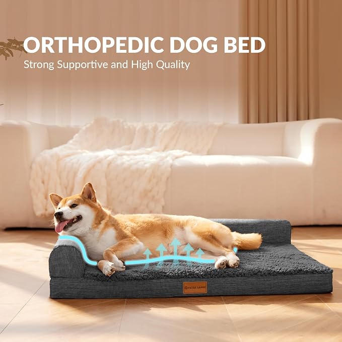 Patas Lague Orthopedic XL Dog Bed Large Sized Dog 42''X28'', Waterproof L Bolster Big Large Pet Sofa Beds with Removable Washable Cover, Soft Pet Couch Crate Mat with Nonskid Bottom, Dark Grey