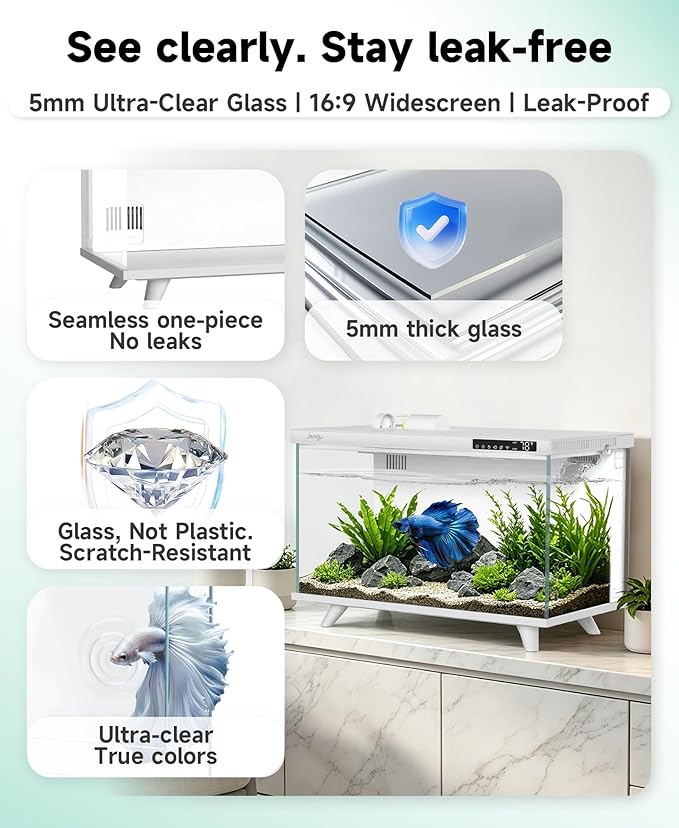 M1 5 Gallon Aquarium Starter Kit, App Control Smart Fish Tank with Filter, Auto Feeder, Quiet Pump, Timer Light, Temp Display, Crystal-Clear Glass Desktop Betta Tank for Guppy Shrimp, White