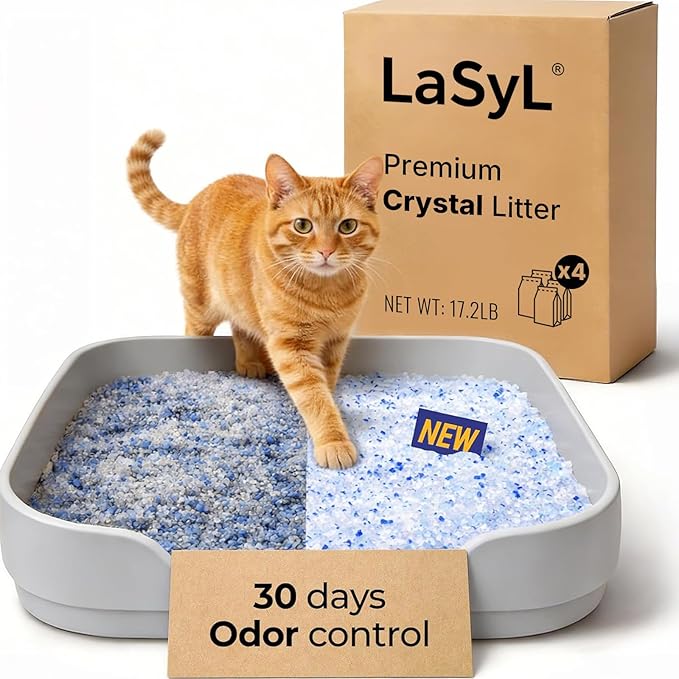 LaSyL Crystal Cat Litter for Multi-Cat Households - 17.2 lb Silica Gel, 30-Day Odor Control, 99.9% Dust-Free Non-Clumping Low Tracking Lightweight Unscented Formula (4 Bags x 4.3lb)