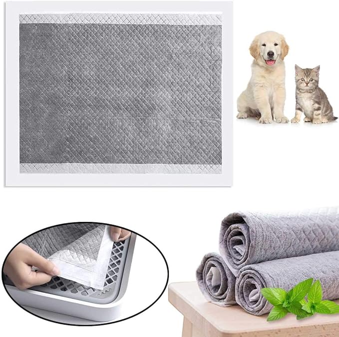 kathson Rabbit Pee Pads Disposable Cage Liners 50PCS All Absorb Black Carbon Odor Control Bunny Training Accessories with Quick-Dry Surface for Puppy Guinea Pig Kitten Hedgehog Small Animals