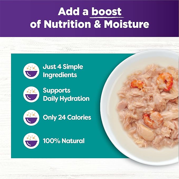 Wellness Bowl Boosters Shreds with Broth Wet Cat Food Topper, Grain Free, Natural, Flaked Tuna and Shrimp Recipe, 1.75 oz, Pack of 12 Pouches