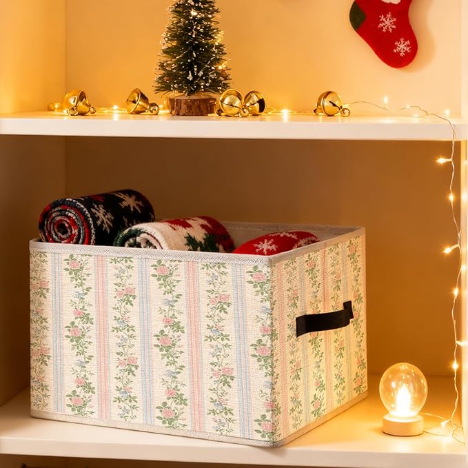 Pink and Blue Striped Striped Rose Floral Storage Bins, Grandmillennial Shabby Chic Flower Foldable Closet Organizers Storage Basket Toybox for Girls Room Dorm Clothes Bed Sheets Blankets Toys
