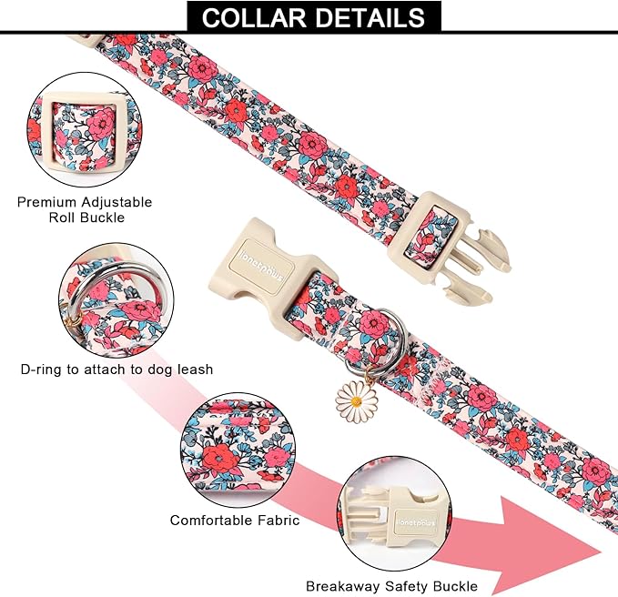 Lionet Paws Floral Dog Collar- Cute Red Pink Flower Dog Collars with Plastic Buckle, Light Adjustable Dog Collars for Small Medium Dogs