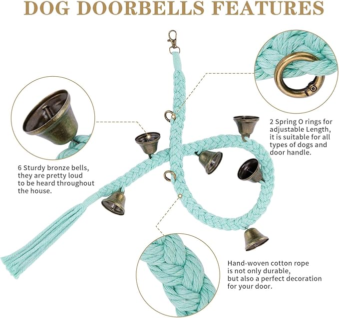 KLOGTSIND 2 Pack Dog Bells for Door Potty Training, Handwoven Cotton Rope Dog Doorbell with 6 Extra Loud Bells, Adjustable Dog Door Bells for Small Medium Large Dogs to Ring to Go Outside, LightGreen