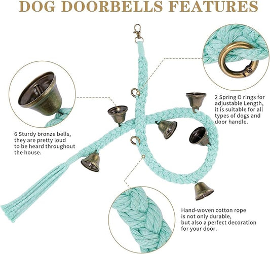 Dog Bell for Door Potty Training, Cotton Handwoven Dog Doorbell with 6 Extra Loud Bells for Dog Training, Adjustable Hanging Door Bell for Small Medium Large Dogs to Ring to Go Outside, LightGreen