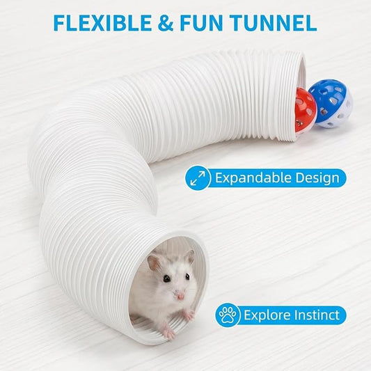 Hamster Collapsible Tunnel Tube Toys with 4 Bell Balls, Expandable Small Animal Hideout Exercise Toy 7.8inch Unextended 32.7inch Extended for Guinea Pig Gerbil Rat Ferret (White)