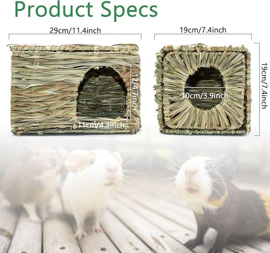 BWOGUE Large Grass House for Guinea Pigs,Hand Woven Straw Hut Foldable Small Animal Play Hideaway Bed with Double Openings Playhouse for Bunny Guinea Pig Chinchilla Ferret(2 Pack)