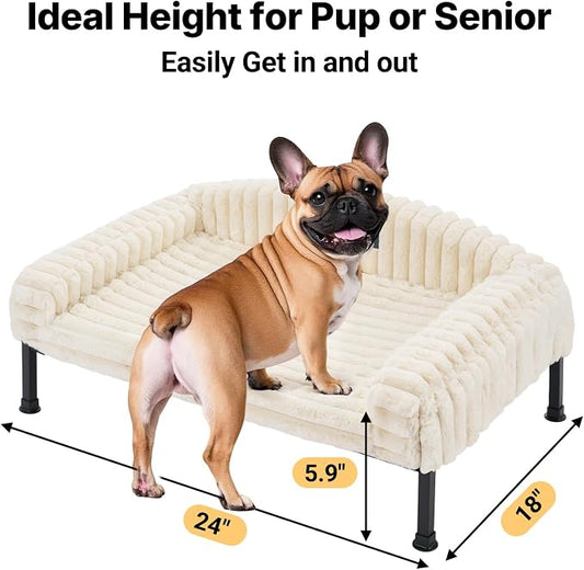 Veehoo Elevated Dog Bed with Bolster Cushion, Fluffy Plush Dog Couch Beds for Small Dogs, Cats, Washable Raised Pet Cot with Non-Slip Feet for Indoor or Patios Use, 24 x 18 Inches, White