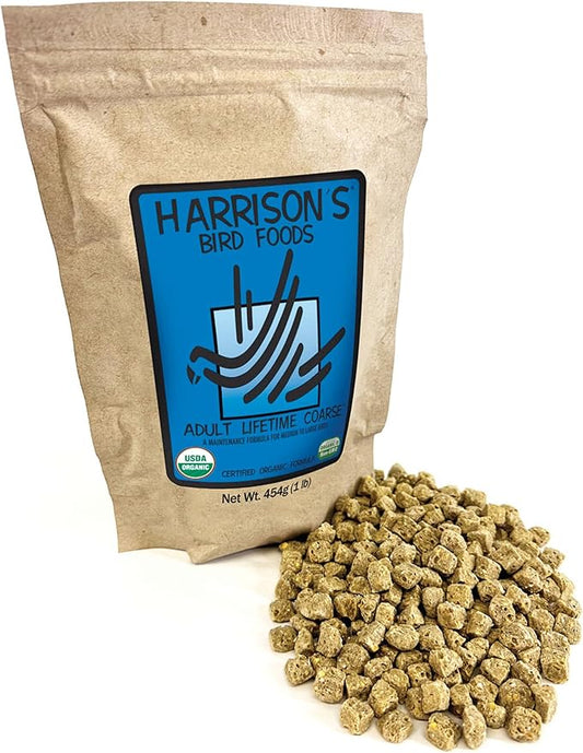 Harrison's Bird Foods Adult Lifetime Coarse Certified Organic Non-GMO Daily Maintenance Formula for Medium to Large Birds, Parrots, Cockatoos, Macaws etc, Suitable for All Life Stages, 454g / 1lb
