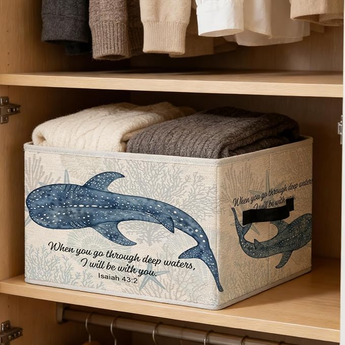 Ocean Whale Shark Christian Storage Bins, Coastal Isaiah 43:2 Bible Verses Foldable Closet Organizers Storage Basket Toybox for Clothes Bed Sheets Blankets Toys