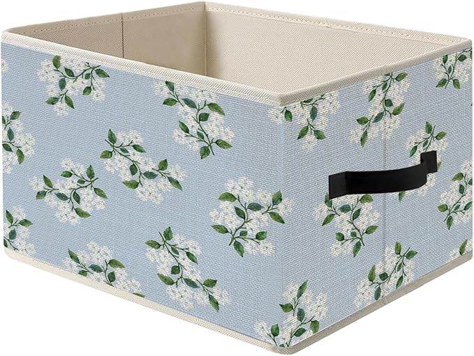 Blue Hydrangea Floral Storage Bins, Cottagecore Chinoiserie Floral Foldable Closet Organizers Storage Basket Toybox for Girls Room Dorm Clothes Bed Sheets Blankets Toys