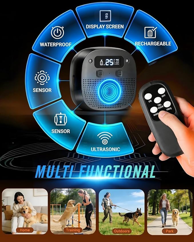 Dog Barking Control Devices, Ultrasonic & Sensor Technology, Anti Barking Device for Dogs with Remote Control, Adjustable Modes & Frequencies, Rechargeable, Bark Box Indoor Outdoor（PureBlack）