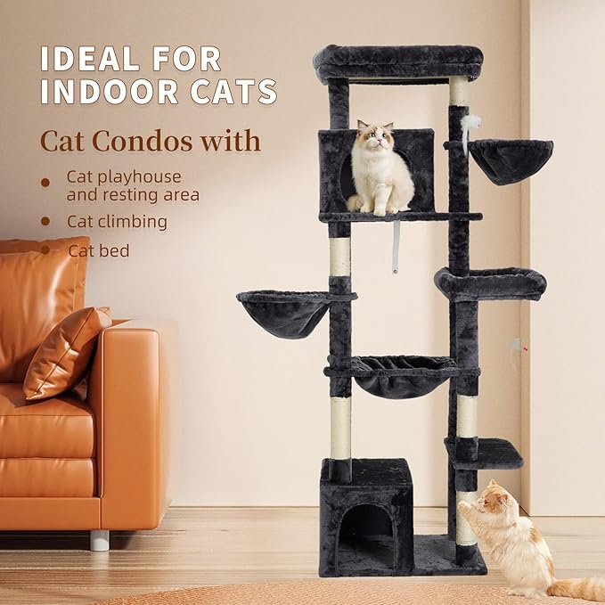 69.7-inch (177cm) Multi-Level Cat Tree with 2 Perches, 2 Condos, 2 Hammocks, Basket & Toy for Indoor Cat Activities (Grey)