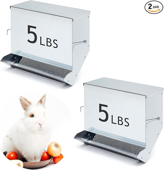 Maxcheck 2 Pcs Rabbit Feeder for Cages Small Animal Food Pellet Dispenser with Lid Metal Chicken Grit Oyster Shell Squirrel Feeders Outside(11.8 Inches,Mesh Bottom,Silver)