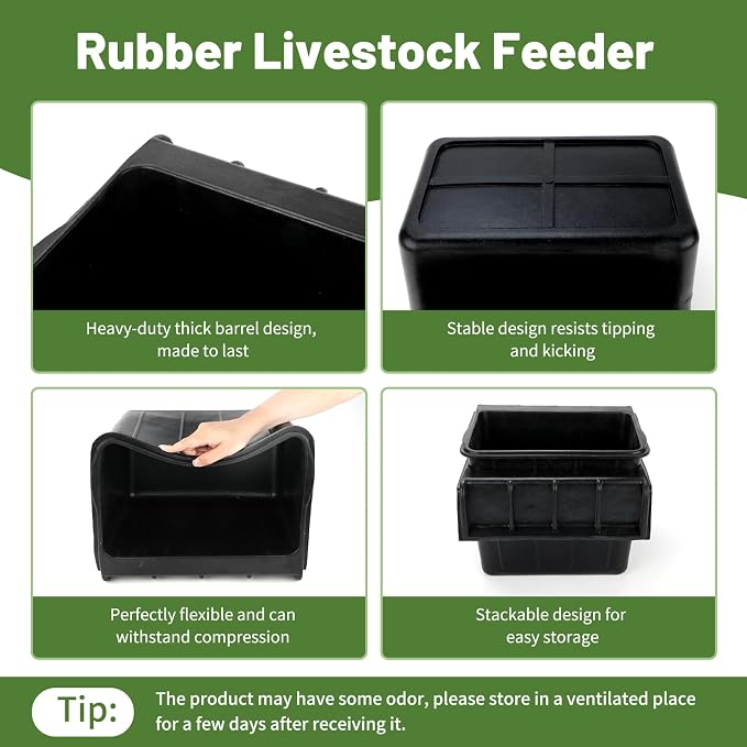 3 Pack 17 Quart Rubber Horse Feed Bucket Heavy Duty Plastic Hay Feeder for Stall Fence Pasture Stable Mountable Cattle Sheep Cow Feeding Pan with Hook for Easy Hanging Black