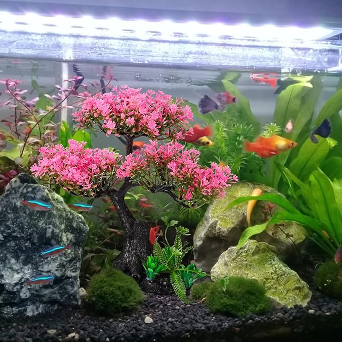 Aquarium Decor Artificial Plants Tree Set: 11.4 Inch Plastic Plants for 10-50 Gallon Fish Tank Decoration Pink Simulation Aquarium Tree Betta Fish Bowl Ornaments Home Office Decor