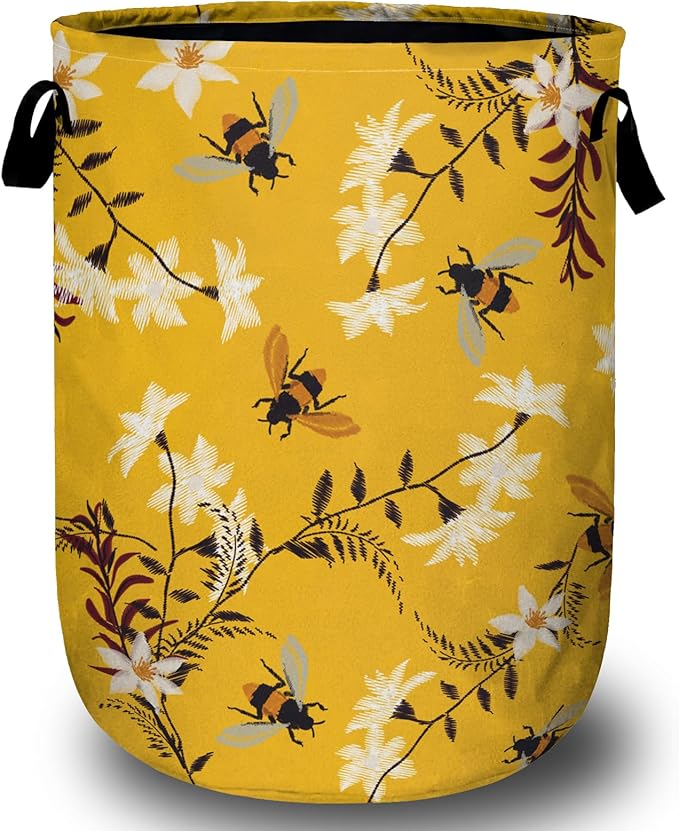 Bee Flower Laundry Basket, Spring Floral Laundry Hamper Collapsible Oxford Cloth with Handle Clothes Storage Bin for Bathroom Laundry Room Bedroom 15.7 X 20 Inch