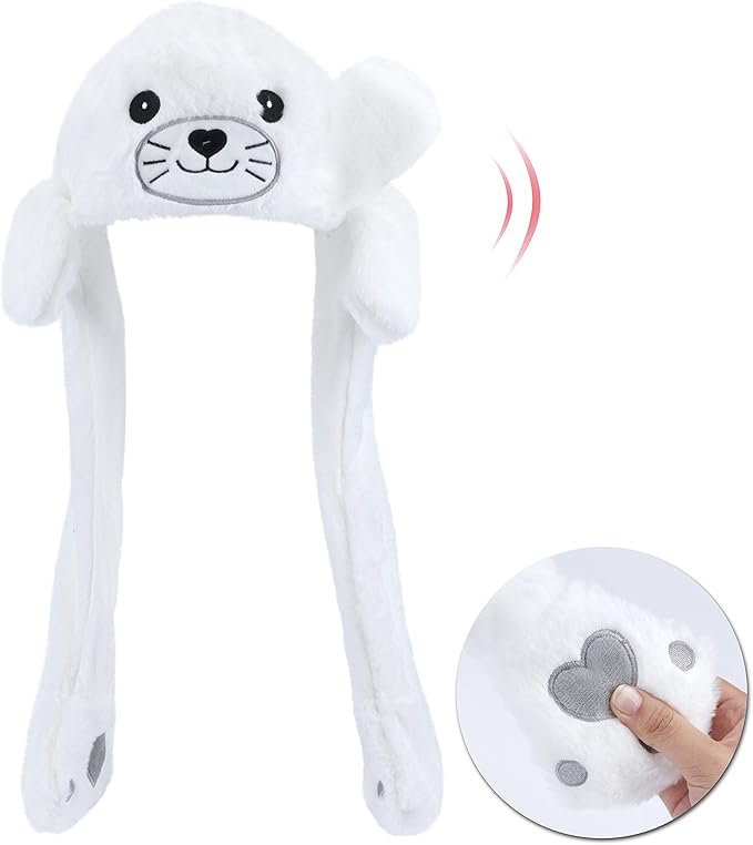 Bubblepompom Animal Hat with Ears Moving Jumping Pop Up Beating Hat Plush Holiday Cosplay Dress Up Funny Gift for Kids
