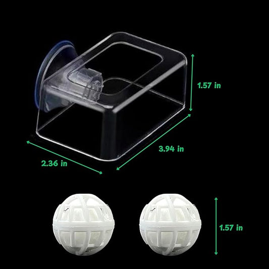 Acrylic Fish Feeding Box Ring for Turtle and Filter Balls Set, Betta Feeding Ring with Nitrifying Balls, Fish Feedings Box, Food Holder, Turtles Enrichment Toys, Tank Accessories (Clear, S)