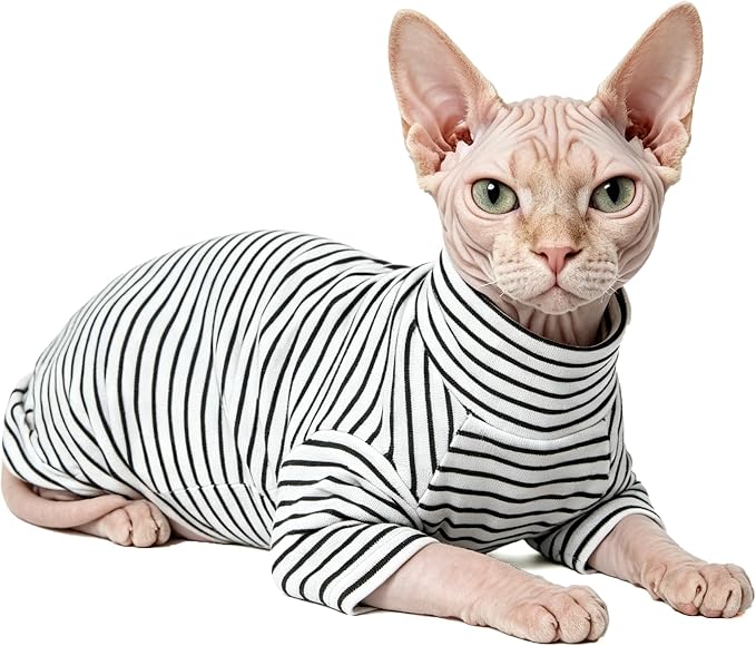 Sphynx Cat Clothes Shirts for Hairless Cat,Classic Striped Kitten Apparel Clothes for Cats Only,Soft Sphinx T-Shirts Sweatshirt with Sleeves for Cornish Rex, Devon Rex,Black,M