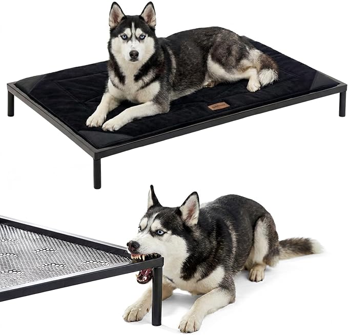 ZOMISIA Chew Proof Elevated Dog Bed for Large Dogs - Raised Pet Cot with Removable Waterproof Padded for Outdoor Use, Indestructible and Washable, 42" L x 27" W x 5" H, Black